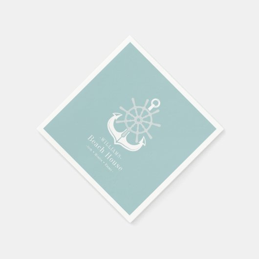 ビーチハウスティール(緑がかった色)ファミリーネームいかり スタンダードカクテルナプキン (角)