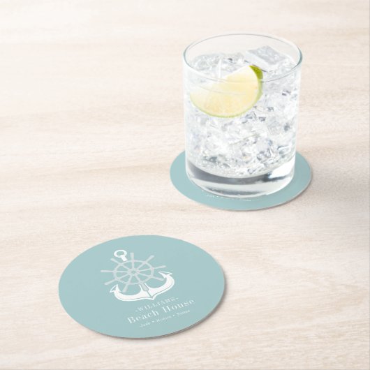 ビーチハウスティール（緑がかった色）ファミリーネームいかり ラウンドペーパーコースター (インサイチュ)