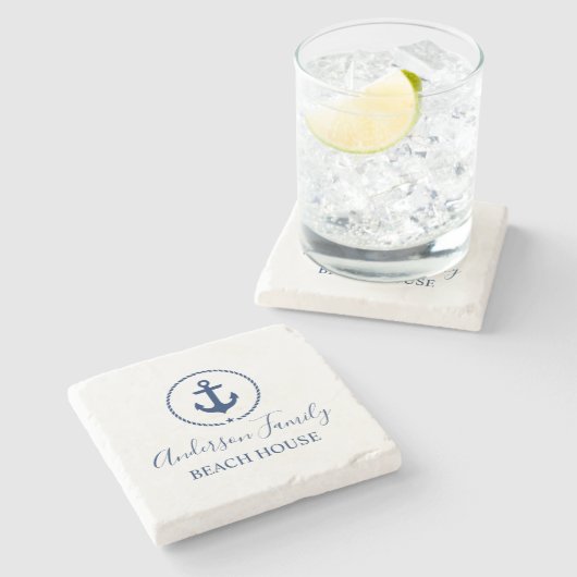 ビーチハウスネイビーブルー航海のいかりロープスター ストーンコースター (横)