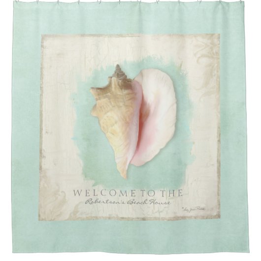 ビーチハウスバスルームパーソナライズされたウェルカムコンチ シャワーカーテン (正面)