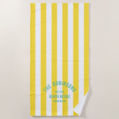 ビーチハウスファミリーネームイエローカバナストライプ ビーチタオル (正面)