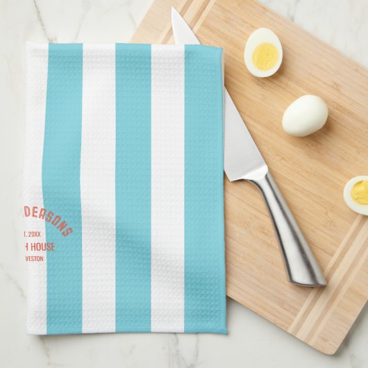 ビーチハウスファミリーネームブルーカバナストライプ キッチンタオル (四つ折り)