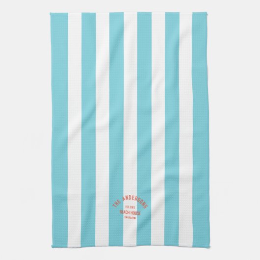 ビーチハウスファミリーネームブルーカバナストライプ キッチンタオル (縦)