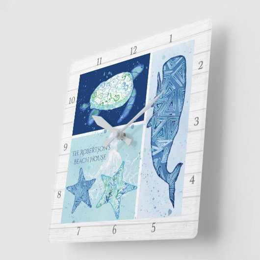ビーチハウスファミリーホエールモダンタートルタコスアート スクエア壁時計 (傾斜)
