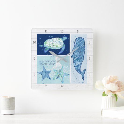ビーチハウスファミリーホエールモダンタートルタコスアート スクエア壁時計 (ホーム)