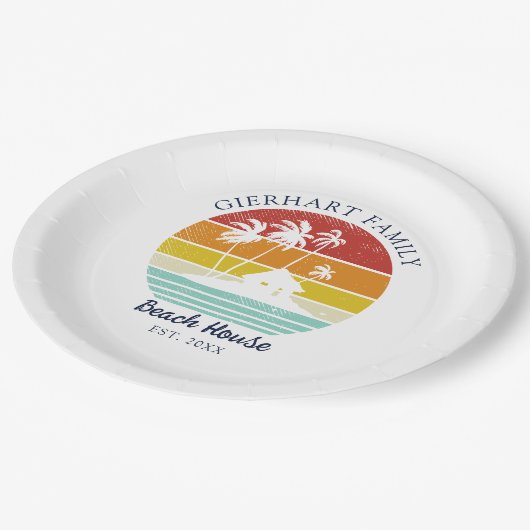 ビーチハウスファミリー懇親会シーサイドパームツリーズ ペーパープレート (アングル)