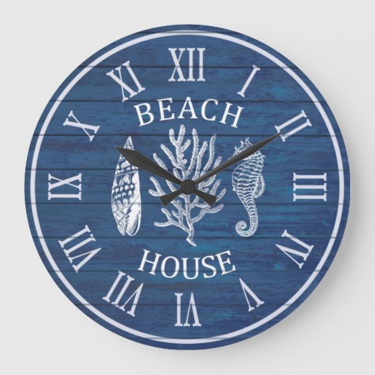 ビーチハウスブルーウッドコーラルシーホースラージクロック ラージ壁時計 (正面)