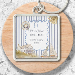 ビーチハウスブルーコースタルシックブルーストライプズ キーホルダー