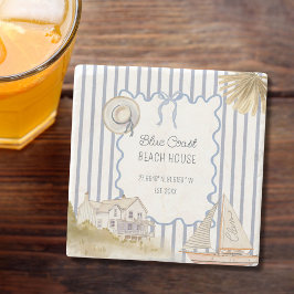 ビーチハウスブルーコースタルシックブルーストライプズ ストーンコースター