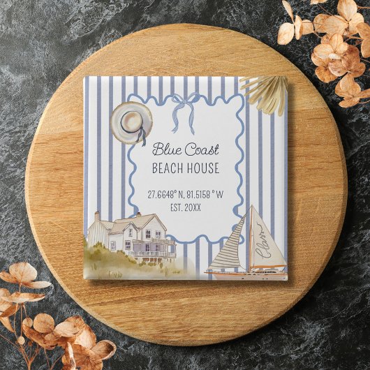 ビーチハウスブルーコースタルシックブルーストライプズ 缶バッジ