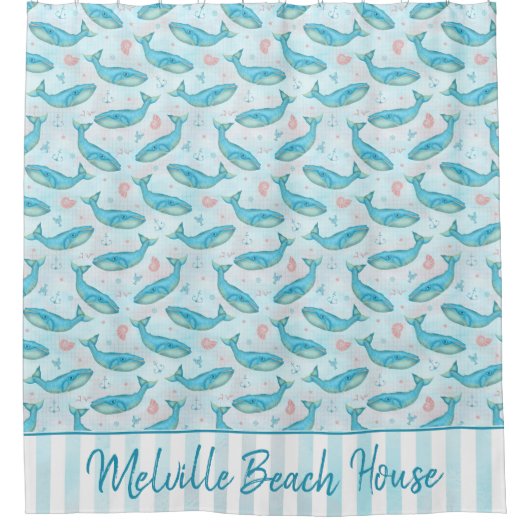 ビーチハウスブルーホエー航海のル |パーソナライズされた | シャワーカーテン (正面)