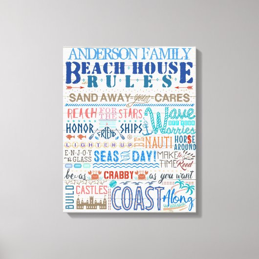 ビーチハウスルールパーソナライズされたファミリーコテージ標識 キャンバスプリント (正面)