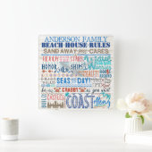 ビーチハウスルールパーソナライズされたファミリーネームコースト スクエア壁時計 (ホーム)