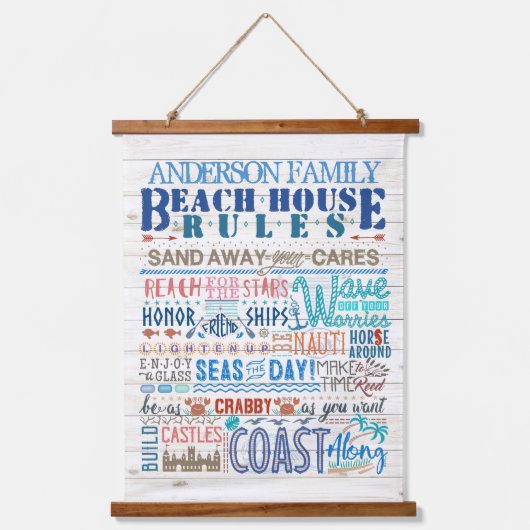ビーチハウスルールファミリーコテージ |沿岸カスタム沿岸 吊り下げ型タペストリー (正面)