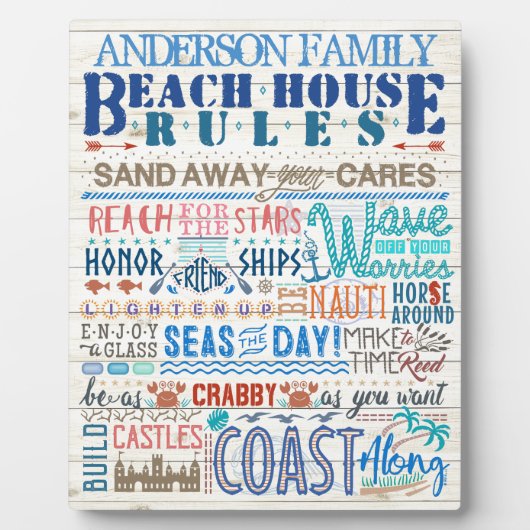 ビーチハウスルールファミリーサイン |カスタムコテージ フォトプラーク (正面)