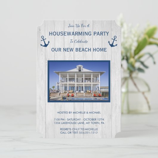 ビーチハウス又はレイクハウス引っ越し祝いパーティー招待状 招待状 (スタンド正面)