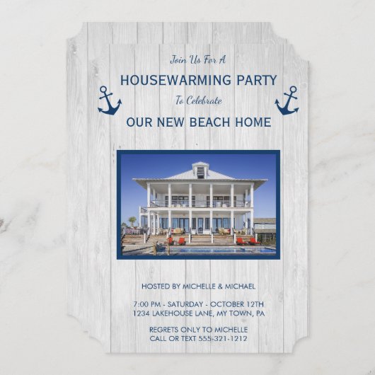 ビーチハウス又はレイクハウス引っ越し祝いパーティー招待状 招待状 (正面/裏面)