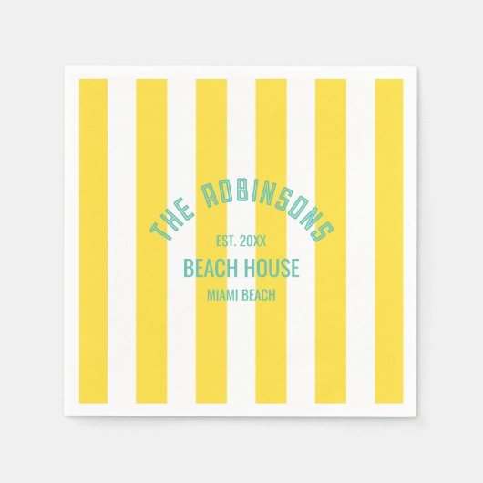 ビーチハウス名前をカスタムするイエローカバナストライプホテル スタンダードカクテルナプキン (正面)
