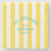 ビーチハウス名前をカスタムするイエローカバナストライプホテル ストーンコースター (正面)