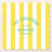 ビーチハウス名前をカスタムするイエローカバナストライプホテル ペーパーコースター (正面)