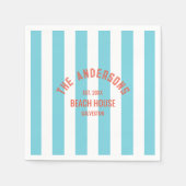 ビーチハウス名前をカスタムするブルーカバナストライプホテル スタンダードカクテルナプキン (正面)