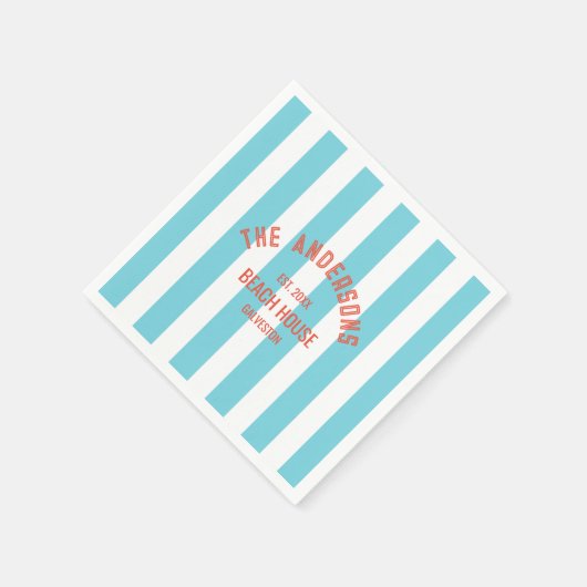 ビーチハウス名前をカスタムするブルーカバナストライプホテル スタンダードカクテルナプキン (角)