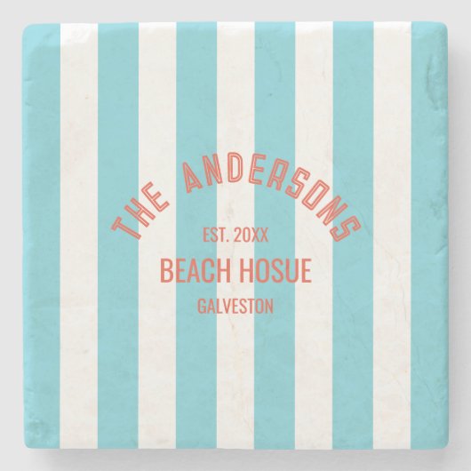ビーチハウス名前をカスタムするブルーカバナストライプホテル ストーンコースター (正面)