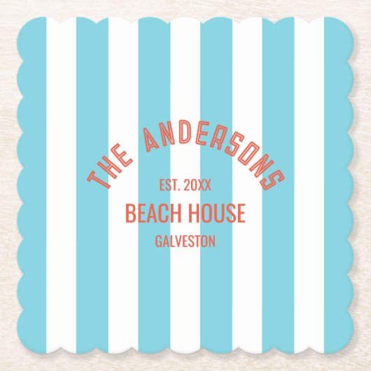 ビーチハウス名前をカスタムするブルーカバナストライプホテル ペーパーコースター (正面)