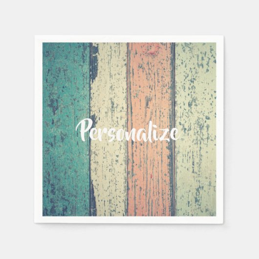 ビーチハウス絵を描ウッドストライプのティール(緑がかった色)ピーチサンド スタンダードカクテルナプキン (正面)