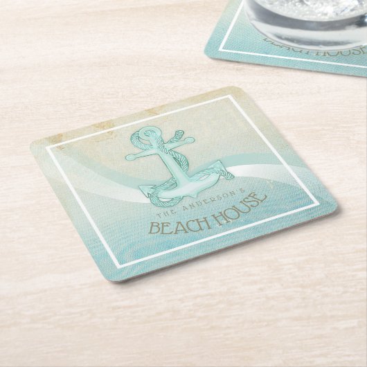 ビーチハウス航海のいかりアンドロープアクアID623 スクエアペーパーコースター (アングル)