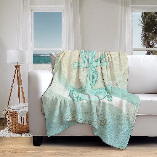 ビーチハウス航海のいかりアンドロープアクアID623 フリースブランケット