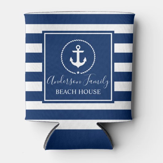 ビーチハウス航海のいかりロープスターブルーストライプの 缶クーラー (正面)