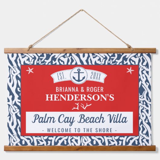 ビーチハウス航海のコーラルパタカスタムーンRED NAVY 吊り下げ型タペストリー (正面)