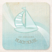 ビーチハウス航海のシルボートアクアブルーID623 スクエアペーパーコースター (正面)