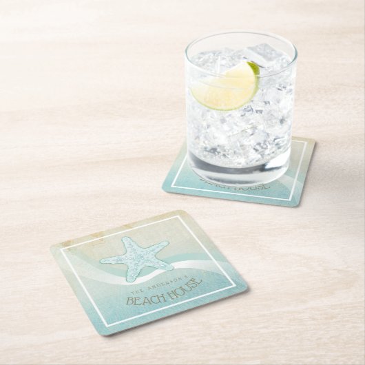 ビーチハウス航海のスターフィッシュアクアブルーID623 スクエアペーパーコースター (インサイチュ)