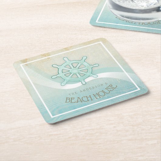 ビーチハウス航海のボートヘルムアクアブルーID623 スクエアペーパーコースター (アングル)