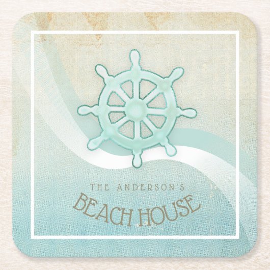 ビーチハウス航海のボートヘルムアクアブルーID623 スクエアペーパーコースター (正面)