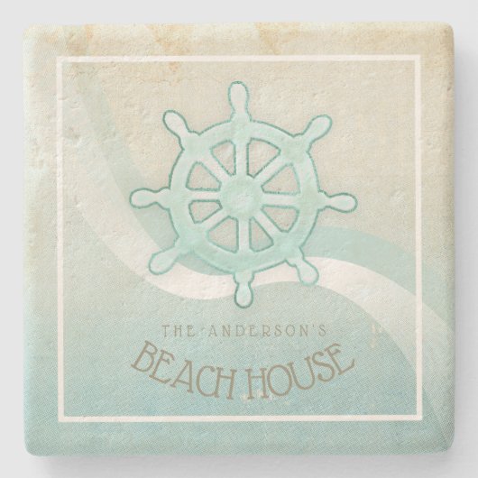 ビーチハウス航海のボートヘルムアクアブルーID623 ストーンコースター (正面)