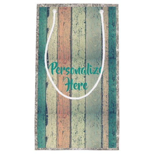 ビーチハウス色彩の鮮やかウッドストライプのティール（緑がかった色）ピンクサンド スモールペーパーバッグ (正面)