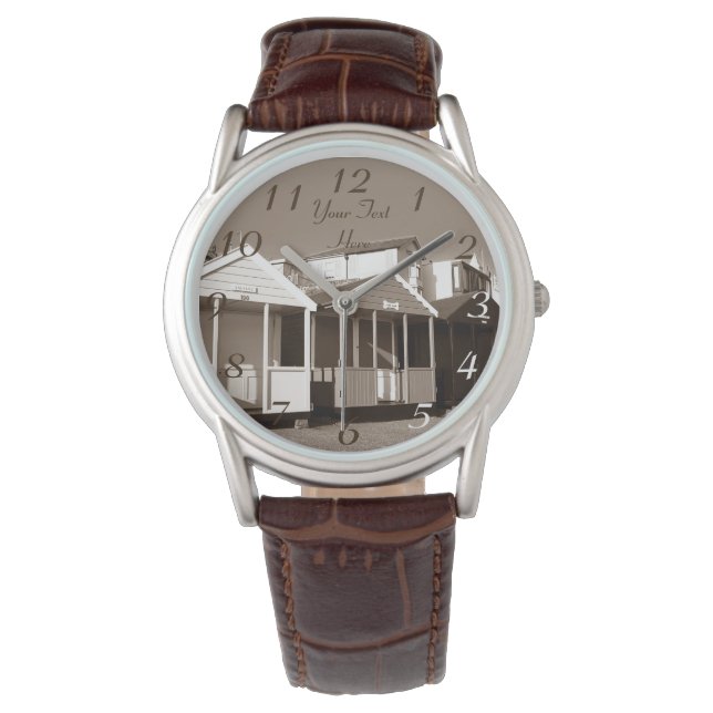 ビーチハッツ青空イングリッシュ海辺セピア写真 腕時計 (正面)