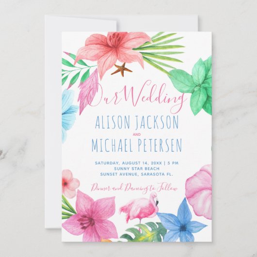 ビーチハワイアン熱帯フローラ結婚リース 招待状 (正面)