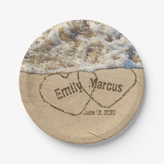 ビーチハートの名前を砂に結婚入れる ペーパープレート (正面)
