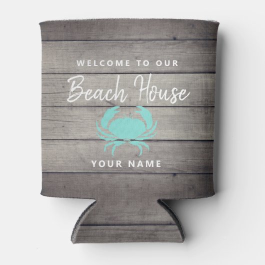 ビーチハ航海のウス素朴ティール（緑がかった色）カニパーソナライズされた 缶クーラー (正面)