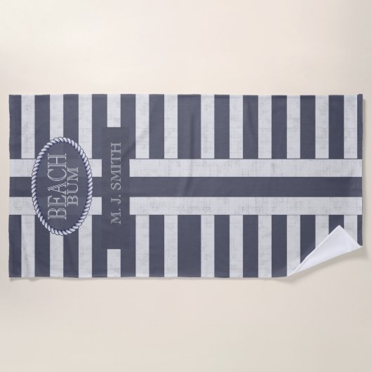 ビーチバはっきりしたム航海のストライプのと名前 ビーチタオル (正面)