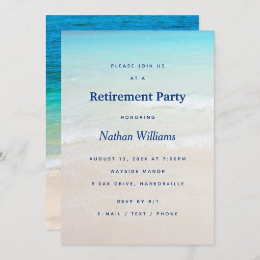 ビーチバックグラウンド退職パーティの招待状 招待状 (正面/裏面)