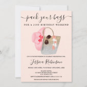 ビーチバッグ誕生日シルバーピンクグリッター週末 招待状 (正面)