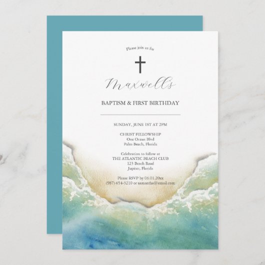 ビーチバプテスマとファースト誕生日招待状 招待状 (正面/裏面)