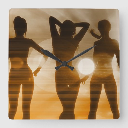 ビーチバベスサンセットシルエット楽しむ太陽 スクエア壁時計 (正面)