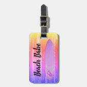 "ビーチバベ"、ハイビスカスサーフボードデザイン ラゲッジタグ (正面縦)