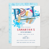 ビーチバレーボールプールサマースイミング誕生日 招待状 (正面/裏面)